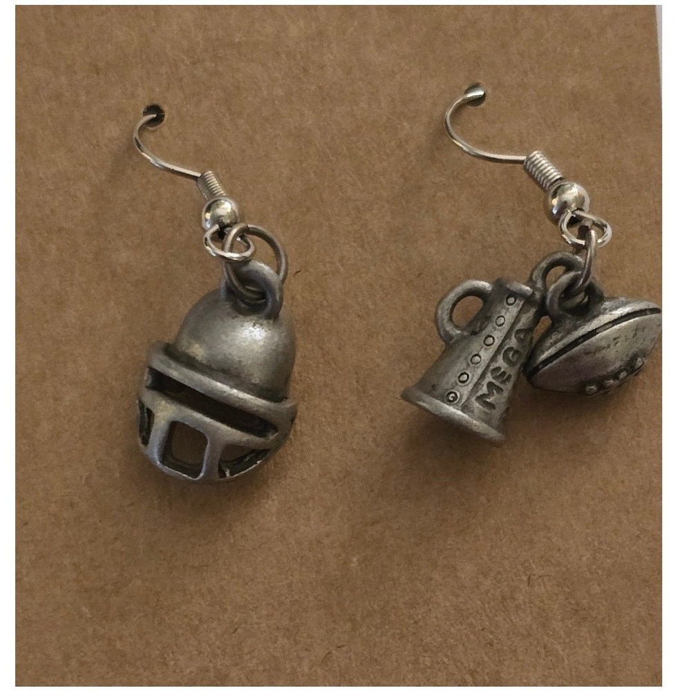 Pewter Football Helmet Megaphone Football Dangle Earrings Silver Tone